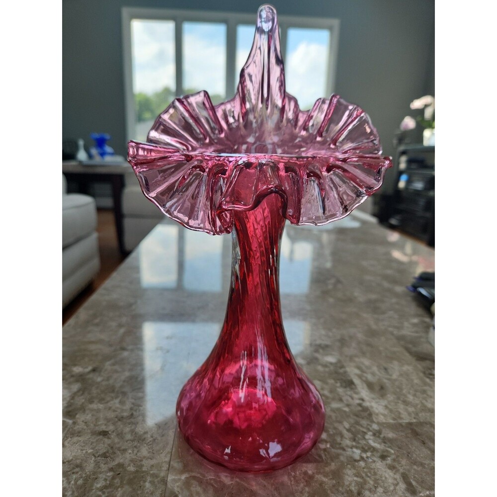 Fenton Art Glass Jack in the Pulpit Cranberry  Vase Ruffled Top  11"